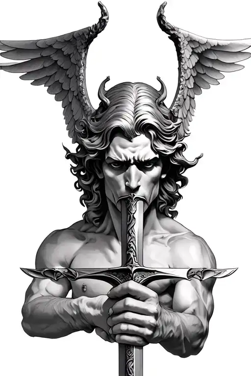 Lucifer Head Angel Holding A Sword