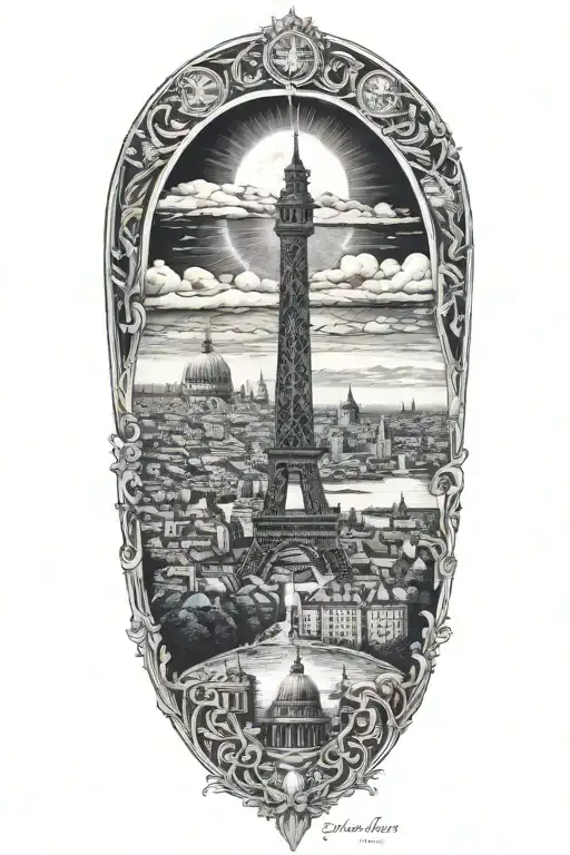Jean Delville Style Tattoo Showcasing Iconic Landmarks