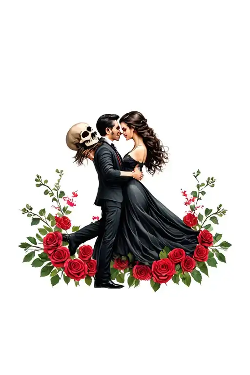 Classic Couple Dancing With Skull Head With Roses