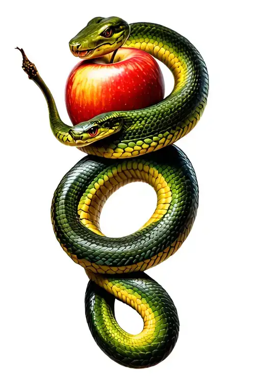 Snake Wrapped Around Tree Trunk Handing Over An Apple With Its Tail