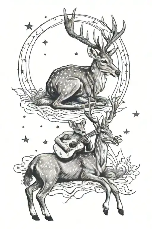 A Dad Deer Teaching His Fawn How To Play A Guitar Under A Starry Night Sky