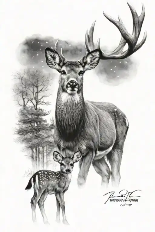 A Dad Deer Standing Behind A Baby Buck And Baby Doe Night Sky