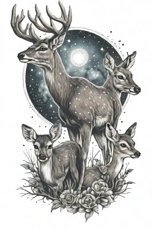 A Dad Deer Standing Behind 2 Baby Deer With Night Sky