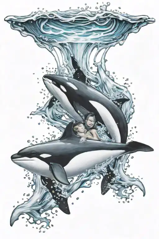 Orca With Girl Under Water Waves