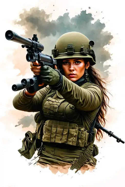 Female Soldier Shooting In Battle Scene