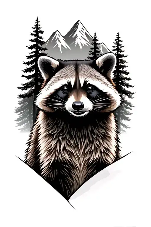 Raccoon With Mountain Back Ground And Trees In Grey Scale