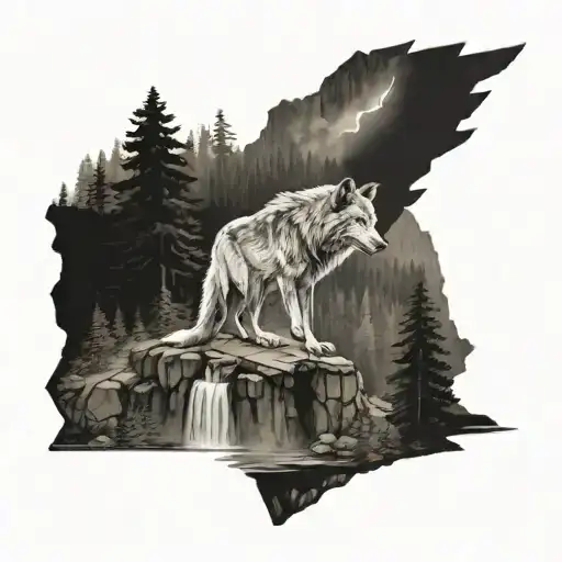Wolf On A Cliff Overlooking Forested River With An Eagle Soaring