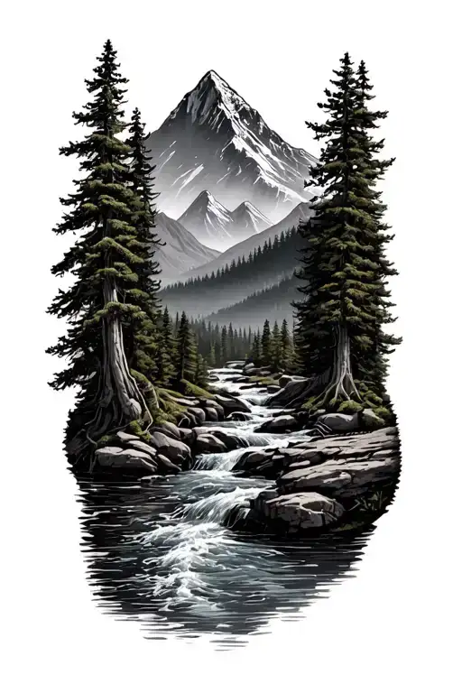 Forest With River Flowing And Mountain In Background