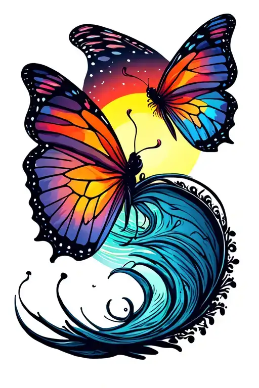 Sunset With The Breathe Symbol And Butterfly