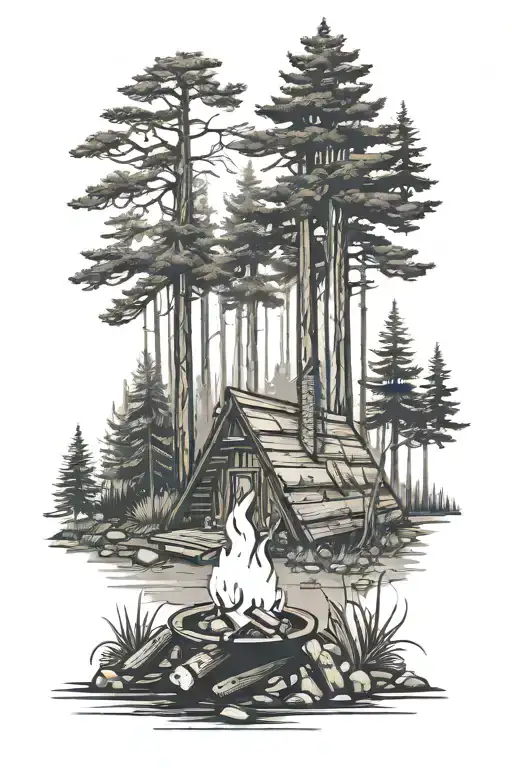 Forest And Cabin With Campfire In The Forest
