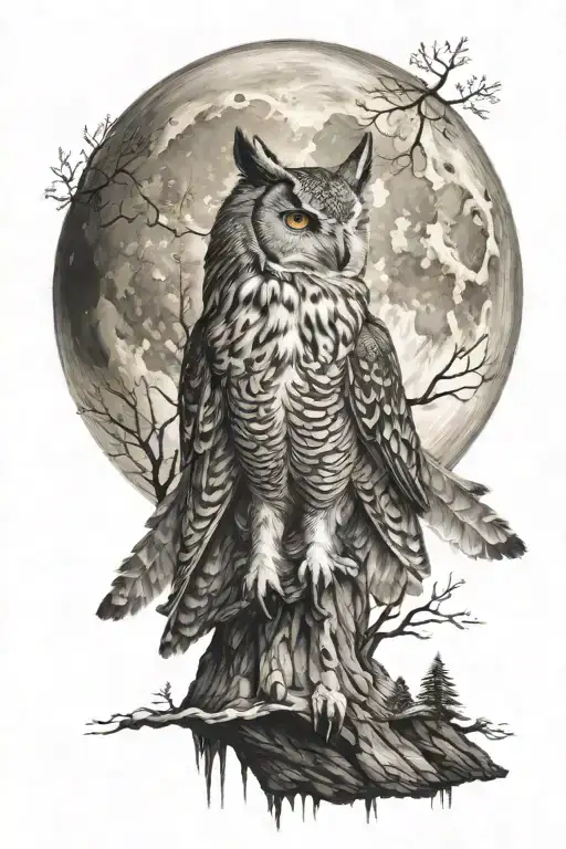 Owl And Wolf Howling At The Moon