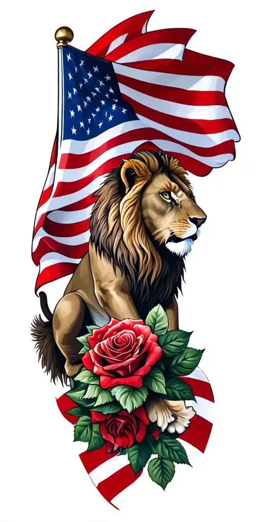 American Flag Waving With A Lion And Roses