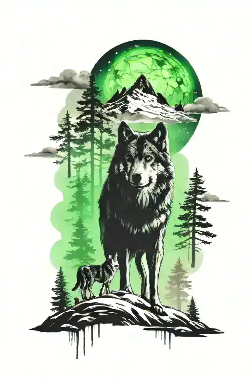 Foggy Forest With Northern Lights And A Wolf Head Blending In The Lights