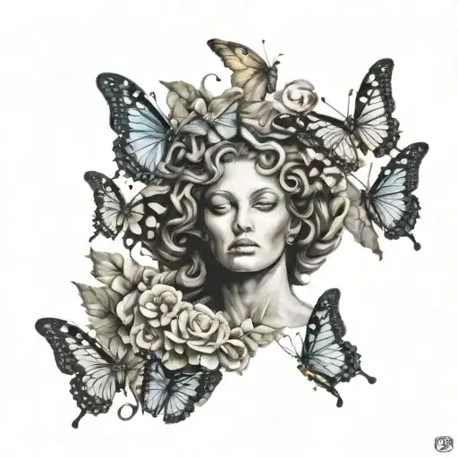 Medusa Holding A Semi Colon Surrounded By Butterflies