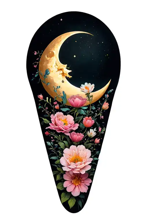 Crescent Moon And Flowers Blooming