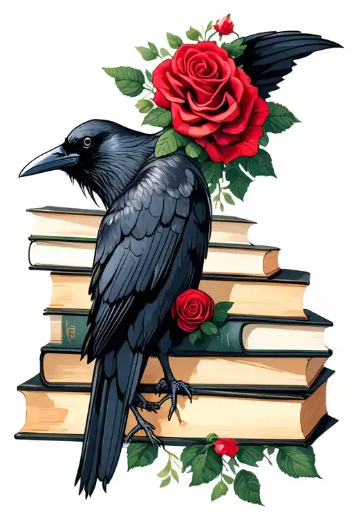Raven On Stack Of Books Spine Out With Skull And Roses