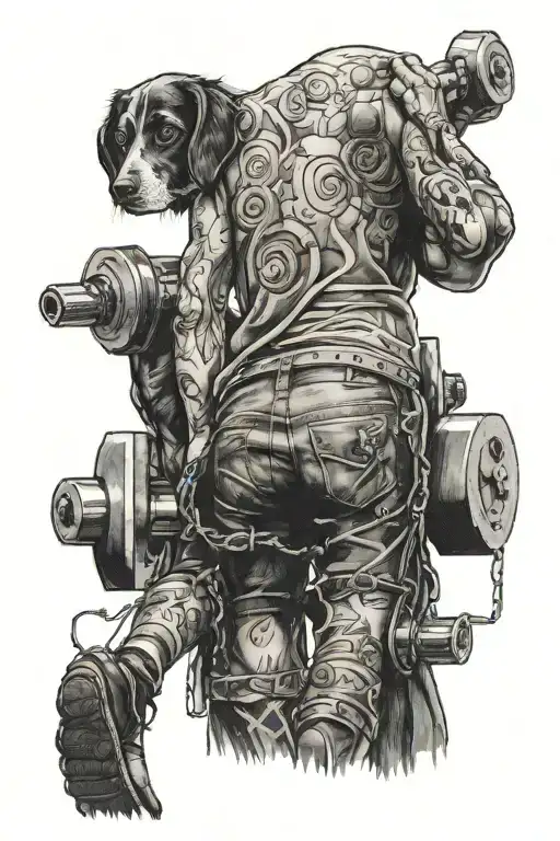 A Woman In Tights Carrying Dumbells Walking Away And A Small And Big Dog Following Her