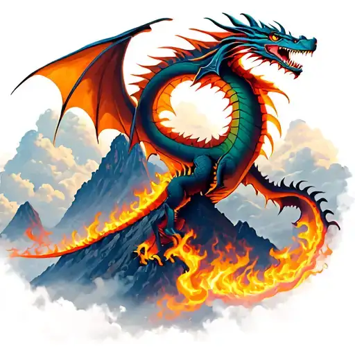 Dragon Flying Up Mountain Clouds And Flames