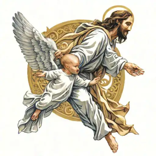 Jesus Holding A Baby Boy With Golden Gates Doves Flying