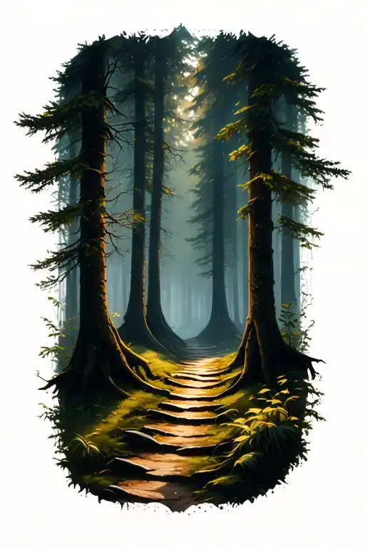 Dark Forest Landscape With Path Through The Silence