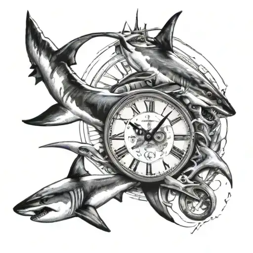 Hammer Head Shark And Great White Shark Around Clock