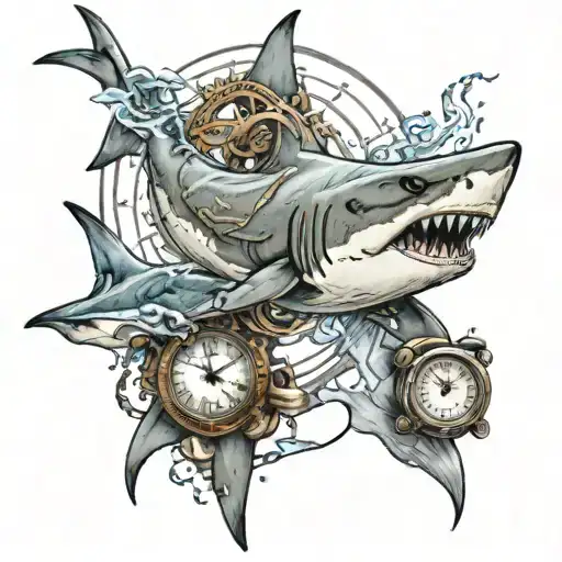 Hammer Head Shark And Great White Around Clock Surrounded