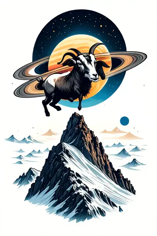 A Goat Climbing Mountain Peak And Saturn Rings Underneath