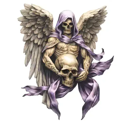 Guardian Angel Holding Skull With Purple Ribbon
