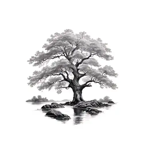 Oak Tree With River Running Underneath