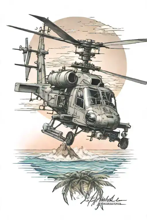 A Realistic Ah-64 Apache Helicopter Flying Over A Tropical Beach Sunset
