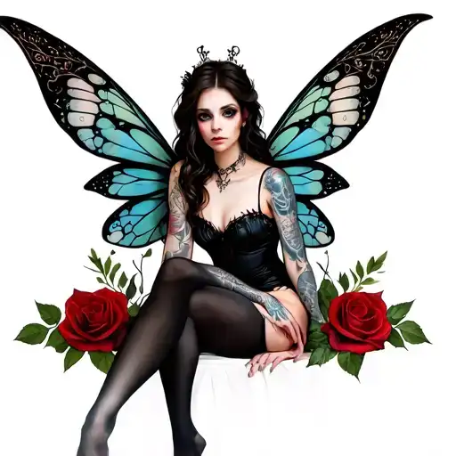 Gothic Fairy With Tattoos Sitting Down With Roses Around Her