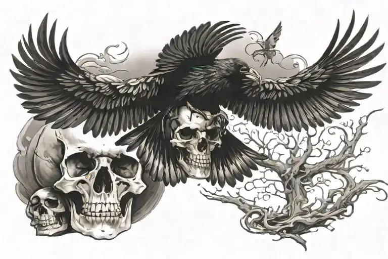 Crow Flying And Skull
