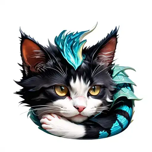 Shiny Dragon Cuddling A Black And White Cat