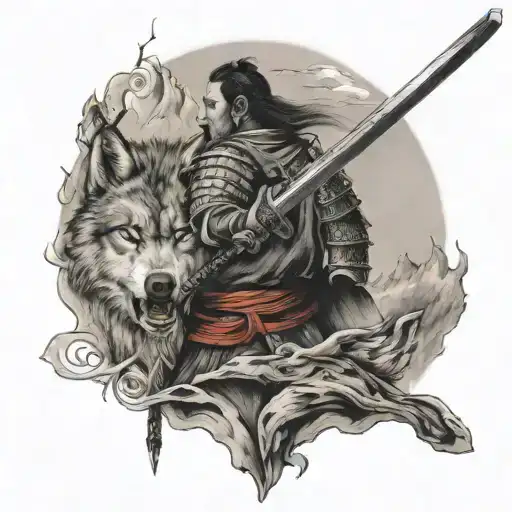 Samurai Sword And Lone Wolf Howling