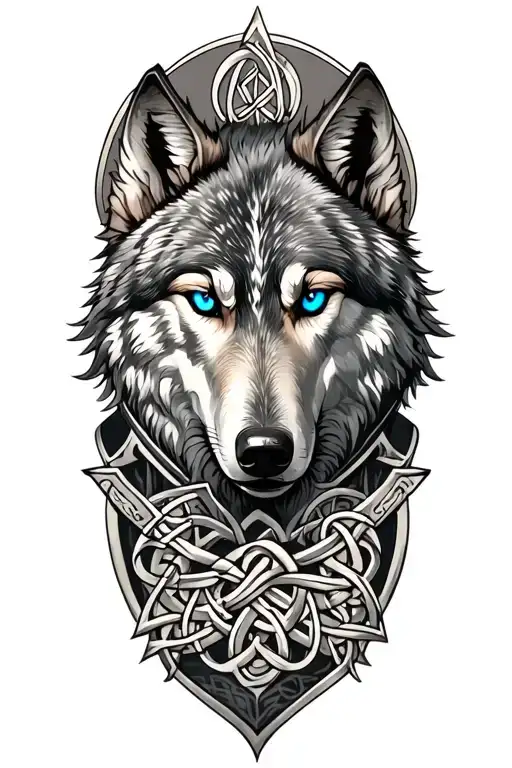 Wolf With Blue Eyes On Armor Tattoo Design Featuring Celtic Trinity Knot