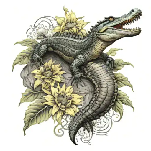 Alligator Full Body With Sunflower Blooming