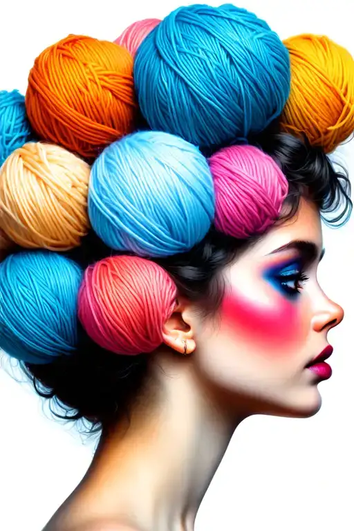 Side Profile Female Face With Large Balls Of Yarn Exploding From Top It