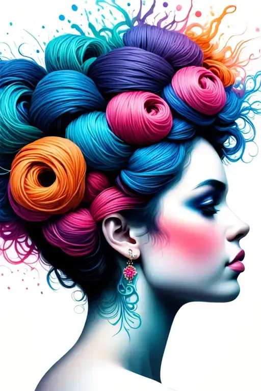 Side Profile Female Face With Large Weaves Of Yarn Exploding From Top It