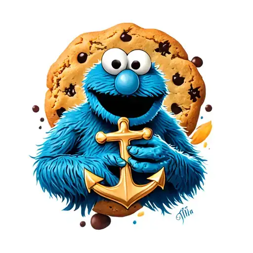 Cookie Monster Tattoo With A Anchor Cross