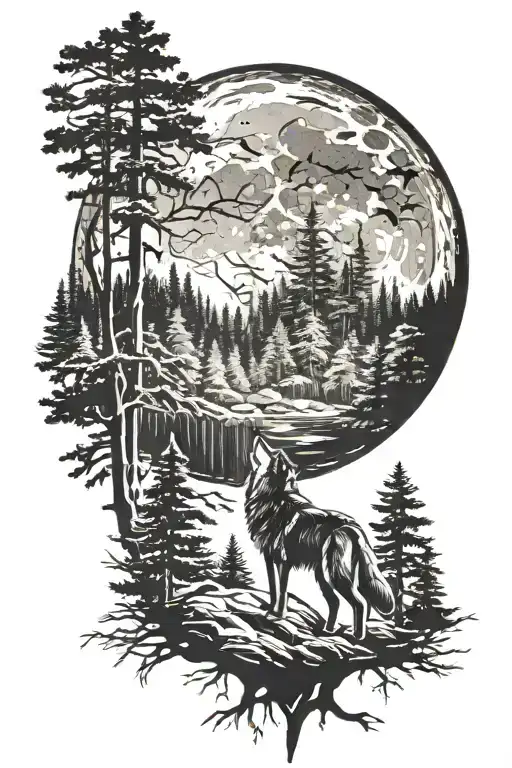 Forest Landscape Wolf Howling At The Moon Surrounded