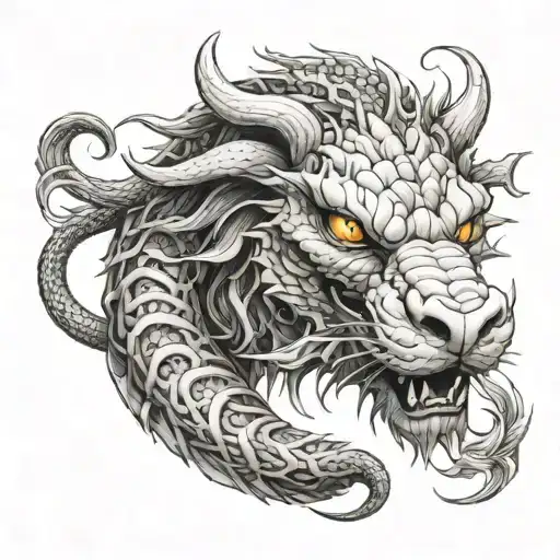 Dragon Coiled In Shape Of An O Wrapped Around A Lion Head And Smiley Face