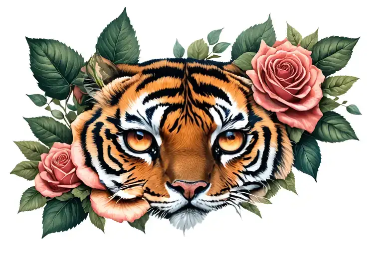 Tiger Eyes Through Roses And Leaves With Lots Of Roses