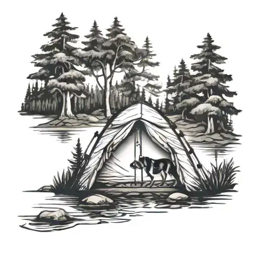 Forest Opening To A Lake With A Tent And A Dog