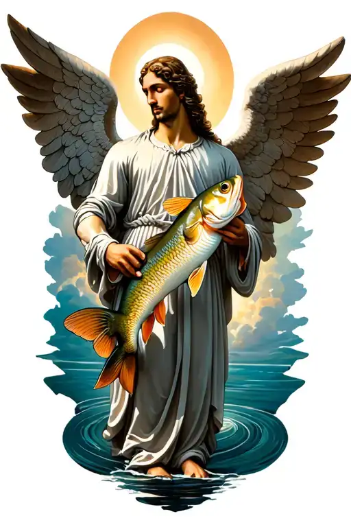 St Raphael Archangel Tattoo Holding A Fish