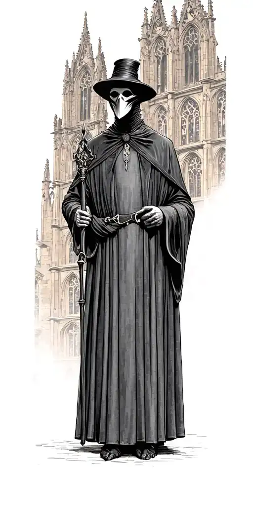 Plague Doctor Holding Staff With Cathedral Windows In The Background On Buildings