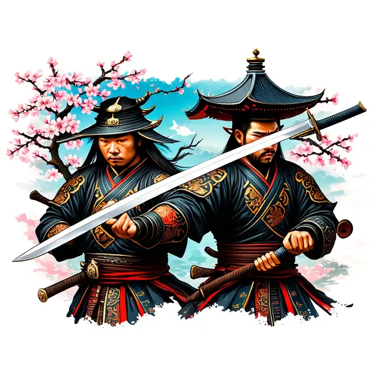 2 Samurai Warrior Wielding A Sword With Cherry Blossom Tree And Temple