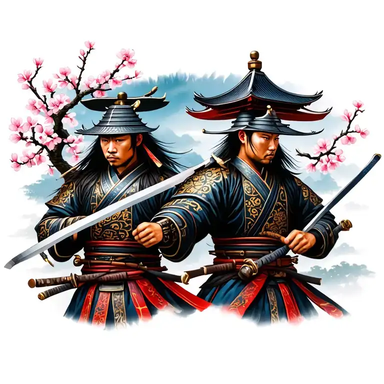 2 Samurai Warriors With Cherry Blossom Tree And Temple In Background