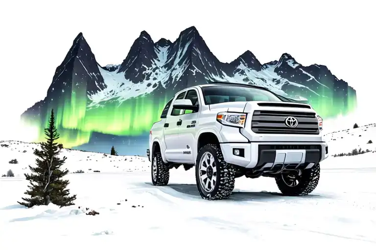 Northern Lights Shining Behind A White 2014 Toyota Tundra Parked In Front Of A Mountain
