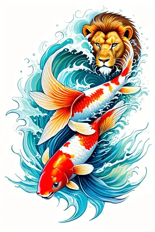 Koi Fish Swimming Upstream In Ocean Waves With Lion Face Above It