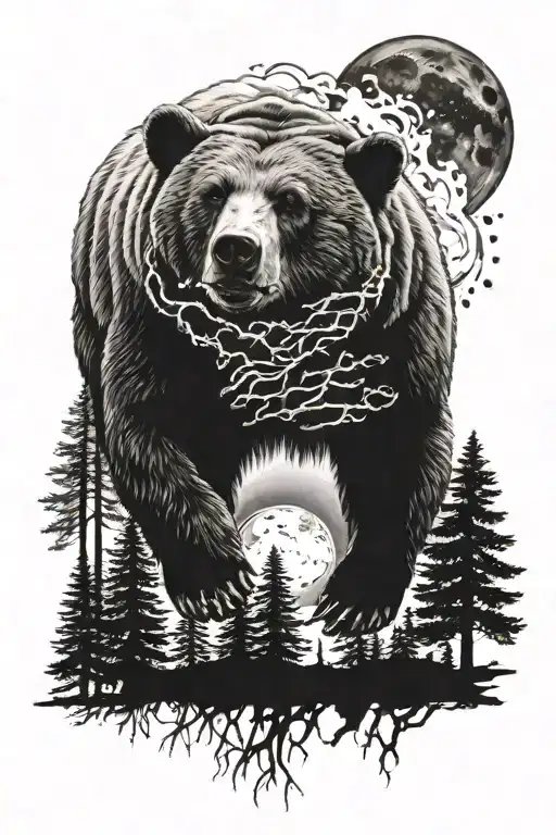 Wild Bear And Trees And Moon Full Hand
